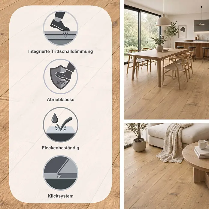 LOGOCLIC Ambienta Laminat - Eiche Napoli, Landhausdiele, 1.288 x 195 x 10 mm - Helles Eichenlaminat in modernem Wohnraum, mit Icons für Trittschalldämmung, Abriebklasse, Allergikereignung und Fleckenbeständigkeit.