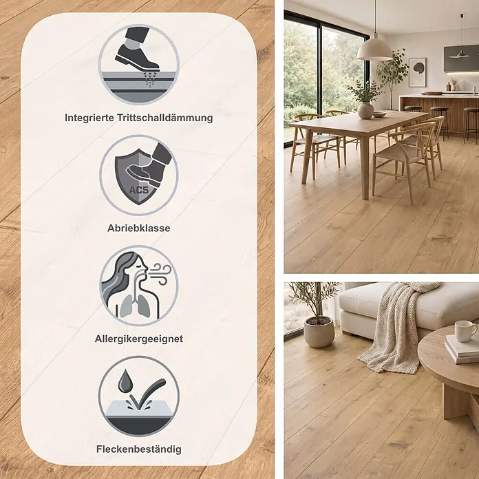 LOGOCLIC Ambienta Laminat - Eiche Napoli, Landhausdiele, 1.288 x 195 x 10 mm - Helles Eichenlaminat in modernem Wohnraum, mit Icons für Trittschalldämmung, Abriebklasse, Allergikereignung und Fleckenbeständigkeit.