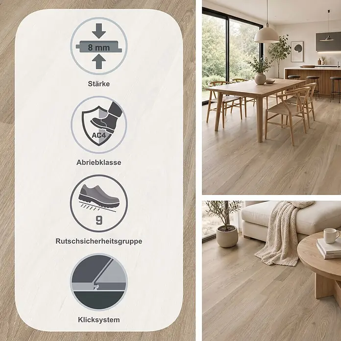 Egger Laminat NatureSense - Eiche Amiens hell, Landhausdiele, 1.292 x 193 x 8 mm - Heller Laminatboden in einem modernen Zuhause, mit Merkmalen: 8 mm Stärke, Abriebklasse AC4, allergikerfreundlich, Rutschsicherheitsgruppe 9.
