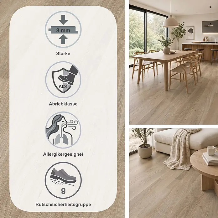Egger Laminat NatureSense - Eiche Amiens hell, Landhausdiele, 1.292 x 193 x 8 mm - Heller Laminatboden in einem modernen Zuhause, mit Merkmalen: 8 mm Stärke, Abriebklasse AC4, allergikerfreundlich, Rutschsicherheitsgruppe 9.