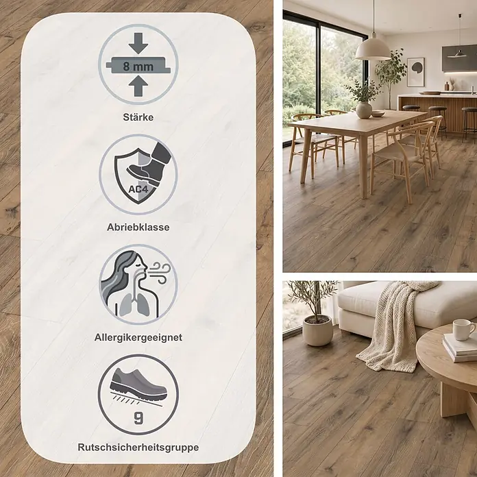 Egger Laminat NatureSense - Parkett Eiche dunkel, Landhausdiele, 1.292 x 193 x 8 mm - Brauner Laminatboden in Holzoptik in einem modernen Wohnraum, mit Symbolen für 8mm Stärke, AC4 Abriebfestigkeit, Rutschhemmung und Allergikerfreundlichkeit.