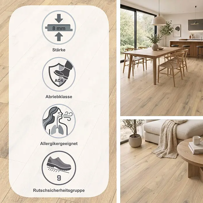 Egger Laminat NatureSense - Parkett Eiche, Landhausdiele, 1.292 x 193 x 8 mm - Helles Laminat in Holzoptik mit natürlicher Maserung, verlegt in einem modernen Wohnraum mit Essbereich und Sofa.