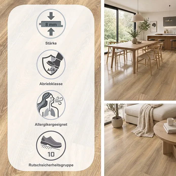 Egger Laminat NatureSense - Bardolino Eiche, Landhausdiele, 1.292 x 193 x 8 mm - Helles Holzbodenlaminat, 8mm dick, Abriebklasse AC4, allergikerfreundlich und Rutschsicherheitsgruppe 10, im modernen Wohnambiente.