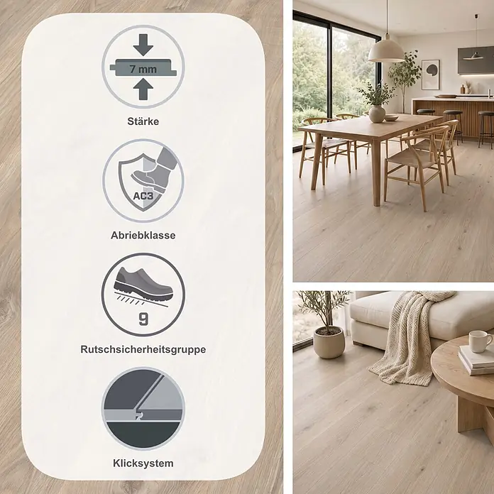 Egger Laminat NatureSense - Belfort Eiche silber, Landhausdiele, 1.292 x 193 x 7 mm - Helles Laminatboden in Holzoptik, 7mm dick, Abriebklasse AC3, allergikerfreundlich und Rutschsicherheitsgruppe 9, gezeigt in einem modernen Zuhause.