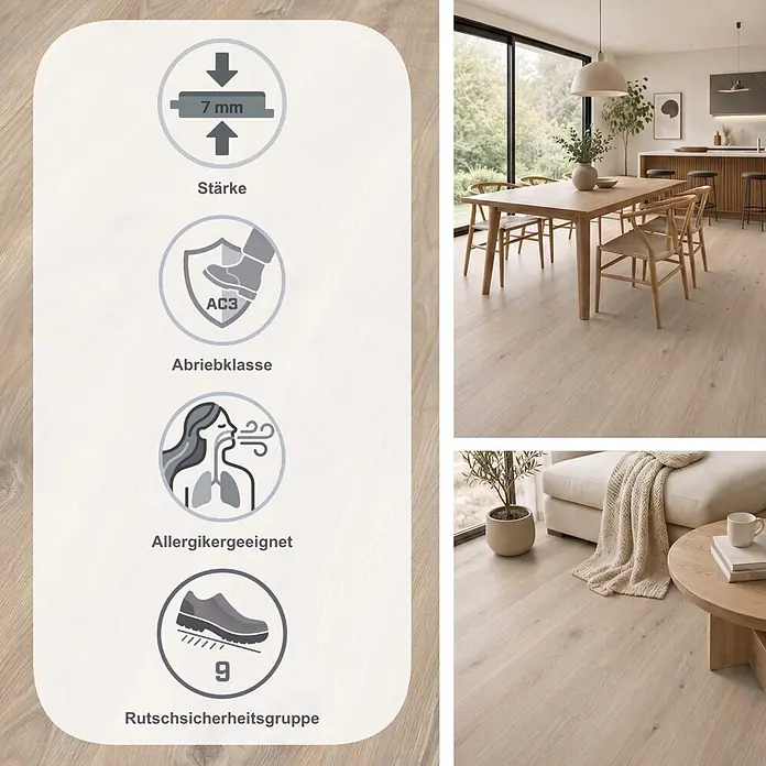 Egger Laminat NatureSense - Belfort Eiche silber, Landhausdiele, 1.292 x 193 x 7 mm - Helles Laminatboden in Holzoptik, 7mm dick, Abriebklasse AC3, allergikerfreundlich und Rutschsicherheitsgruppe 9, gezeigt in einem modernen Zuhause.