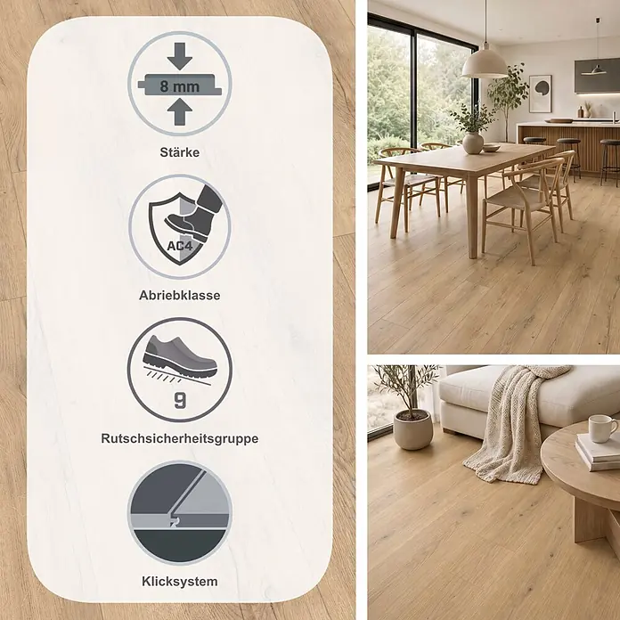 Egger Laminat NatureSense - Carlin Eiche sand, Landhausdiele, 1.292 x 246 x 8 mm - Laminatboden in Naturholzoptik in einem modernen Zuhause, hervorgehoben mit Symbolen für 8mm Stärke, Abriebklasse AC4, Allergiker-Eignung und Rutschsicherheitsgruppe 9.