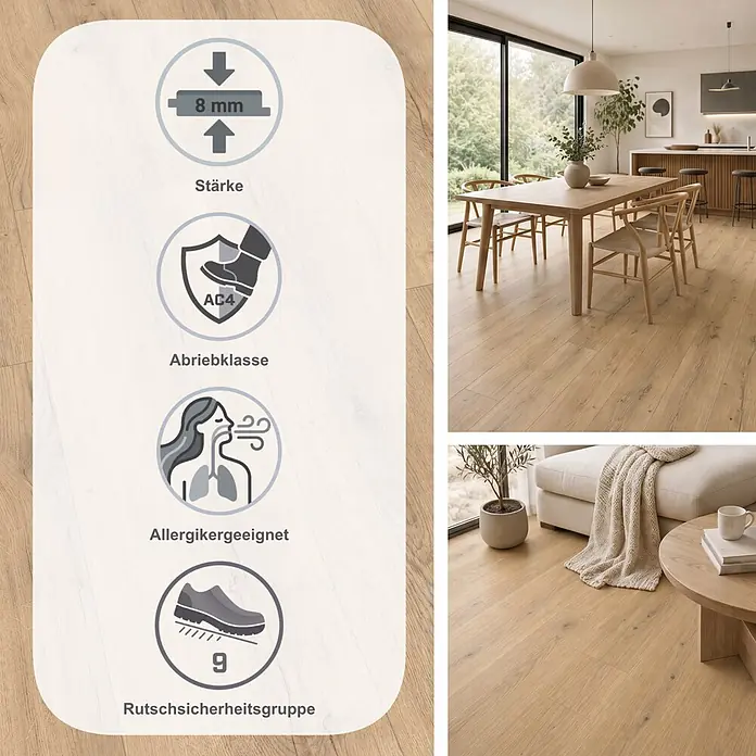 Egger Laminat NatureSense - Carlin Eiche sand, Landhausdiele, 1.292 x 246 x 8 mm - Laminatboden in Naturholzoptik in einem modernen Zuhause, hervorgehoben mit Symbolen für 8mm Stärke, Abriebklasse AC4, Allergiker-Eignung und Rutschsicherheitsgruppe 9.