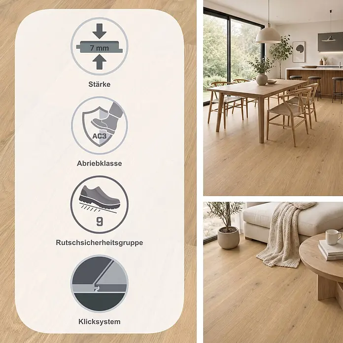 Egger Laminat NatureSense - Falun Eiche, Landhausdiele, 1.292 x 193 x 7 mm - Heller Holzfußboden mit 7mm Stärke, Abriebklasse AC3, allergikergeeignet, Rutschsicherheitsgruppe 9, in modernen Wohnräumen gezeigt.