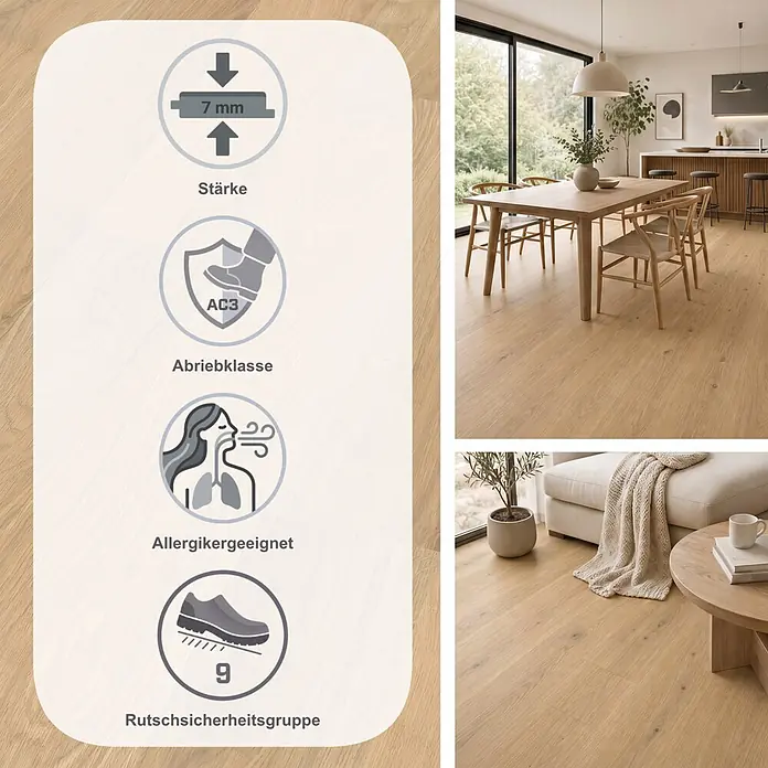 Egger Laminat NatureSense - Falun Eiche, Landhausdiele, 1.292 x 193 x 7 mm - Heller Holzfußboden mit 7mm Stärke, Abriebklasse AC3, allergikergeeignet, Rutschsicherheitsgruppe 9, in modernen Wohnräumen gezeigt.