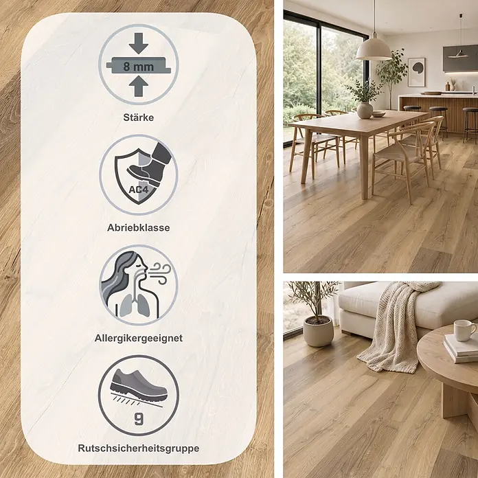Egger Laminat NatureSense - Livingston Eiche natur, Landhausdiele, 1.292 x 193 x 8 mm - Heller Laminatboden in Holzoptik, 8mm stark, Abriebklasse AC4, allergikerfreundlich, Rutschsicherheitsgruppe 9, in Wohnräumen dargestellt.
