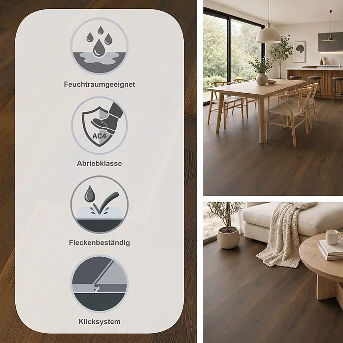 LOGOCLIC Vinto Laminat - Eiche Porto, Landhausdiele, 1.288 x 330 x 8 mm - Dunkler Holzboden, feuchtraumgeeignet, Abriebklasse AC4, allergikerfreundlich und fleckenbeständig. Präsentiert in modernen Wohnräumen.