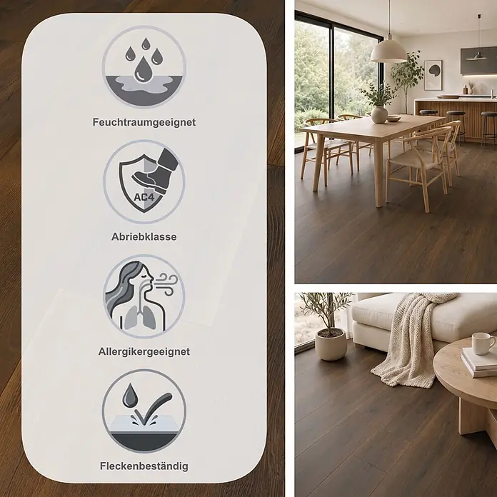 LOGOCLIC Vinto Laminat - Eiche Porto, Landhausdiele, 1.288 x 330 x 8 mm - Dunkler Holzboden, feuchtraumgeeignet, Abriebklasse AC4, allergikerfreundlich und fleckenbeständig. Präsentiert in modernen Wohnräumen.