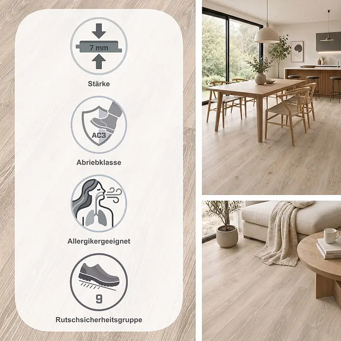 Egger Laminat NatureSense - Newport Eiche hellgrau, Landhausdiele, 1.292 x 193 x 7 mm - Heller Laminatboden in Holzoptik, 7mm stark, AC3 abriebfest, allergikerfreundlich und rutschhemmend, abgebildet in einem modernen Zuhause.