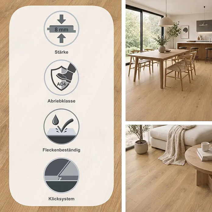 Egger Laminat NatureSense - Nord Eiche hellbraun, Landhausdiele, 1.292 x 193 x 8 mm - Heller Holzlaminatboden in modernen Wohnräumen, mit Symbolen für 8mm Stärke, AC4 Abriebklasse, Allergikerfreundlichkeit und Fleckenbeständigkeit.