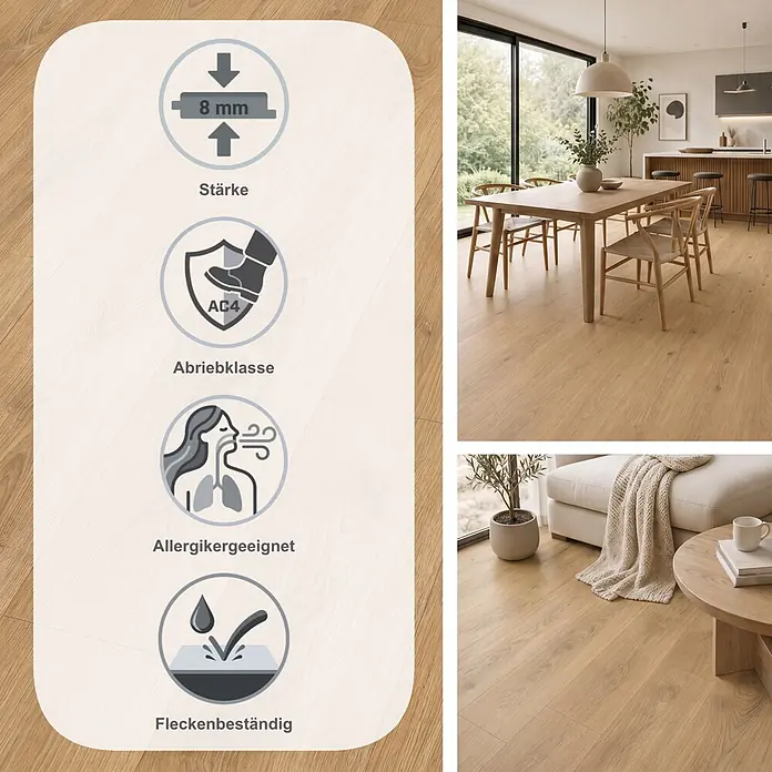 Egger Laminat NatureSense - Nord Eiche hellbraun, Landhausdiele, 1.292 x 193 x 8 mm - Heller Holzlaminatboden in modernen Wohnräumen, mit Symbolen für 8mm Stärke, AC4 Abriebklasse, Allergikerfreundlichkeit und Fleckenbeständigkeit.