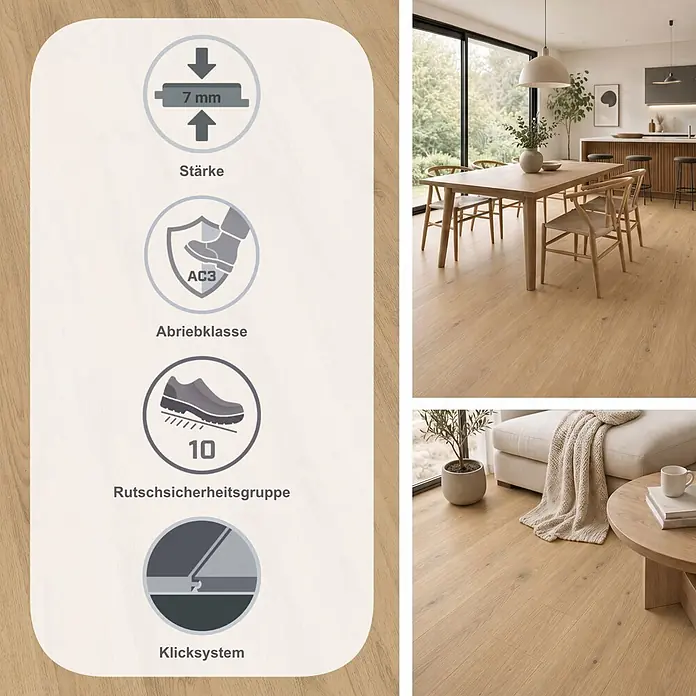 Egger Laminat NatureSense - Charlotte Eiche natur, Landhausdiele, 1.292 x 193 x 7 mm - Heller Laminatboden in Holzoptik, 7mm stark, Abriebklasse AC3, allergikerfreundlich und Rutschsicherheitsgruppe 10, gezeigt in modernen Wohnräumen.