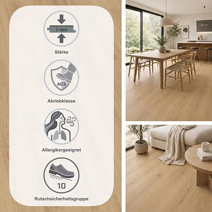 Egger Laminat NatureSense - Charlotte Eiche natur, Landhausdiele, 1.292 x 193 x 7 mm - Heller Laminatboden in Holzoptik, 7mm stark, Abriebklasse AC3, allergikerfreundlich und Rutschsicherheitsgruppe 10, gezeigt in modernen Wohnräumen.