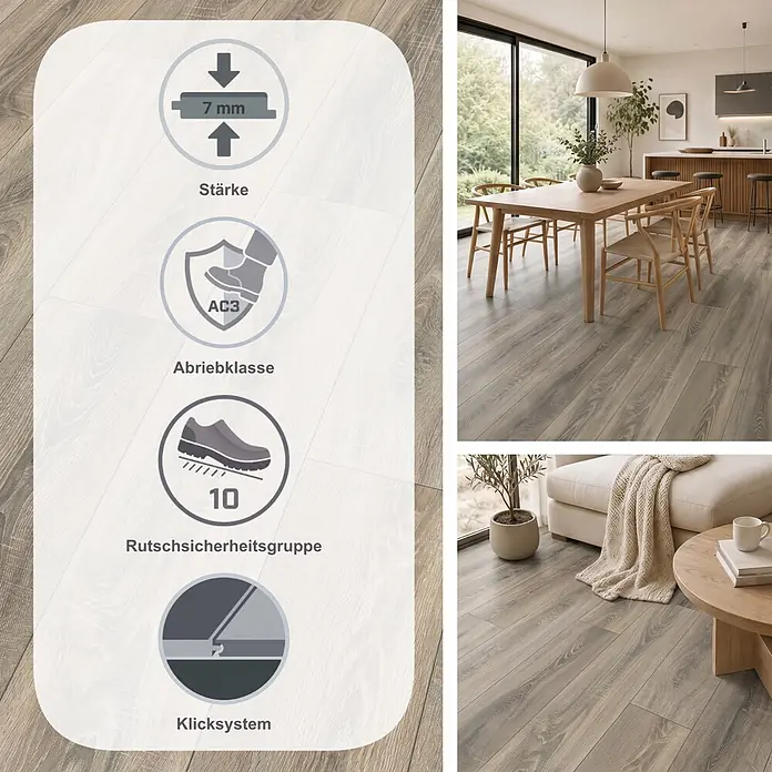 Egger Laminat NatureSense - Bardolino Eiche grau, Landhausdiele, 1.292 x 193 x 7 mm - Graubrauner Laminatboden in Holzoptik, dargestellt mit Spezifikationssymbolen und verlegt in einem modernen Wohnambiente.