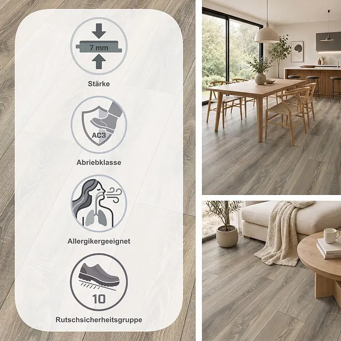Egger Laminat NatureSense - Bardolino Eiche grau, Landhausdiele, 1.292 x 193 x 7 mm - Graubrauner Laminatboden in Holzoptik, dargestellt mit Spezifikationssymbolen und verlegt in einem modernen Wohnambiente.