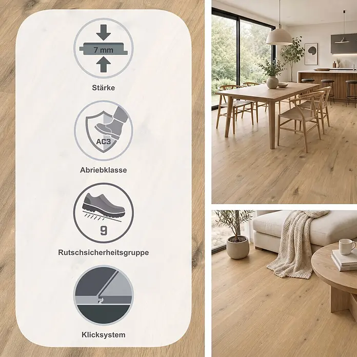 Egger Laminat NatureSense - Achensee Eiche, Landhausdiele, 1.292 x 193 x 7 mm - Heller Holzoptikboden, 7mm stark, Abriebklasse AC3, allergikergeeignet, Rutschsicherheitsgruppe R9, in modernen Wohninterieurs.