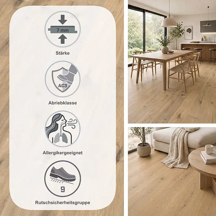 Egger Laminat NatureSense - Achensee Eiche, Landhausdiele, 1.292 x 193 x 7 mm - Heller Holzoptikboden, 7mm stark, Abriebklasse AC3, allergikergeeignet, Rutschsicherheitsgruppe R9, in modernen Wohninterieurs.