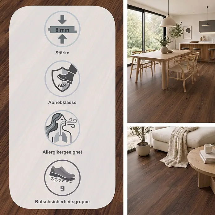 Egger Laminat NatureSense - Warmia Nussbaum braun, Landhausdiele, 1.292 x 193 x 8 mm - Dunkelbraunes Laminat, 8 mm dick, Abriebklasse AC4, allergikerfreundlich, Rutschsicherheitsgruppe 9, in modernen Räumen.