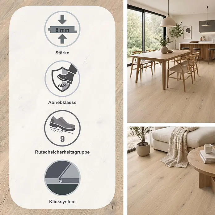 Egger Laminat NatureSense - Murom Eiche, Landhausdiele, 1.292 x 193 x 8 mm - Heller Holzfußboden (8mm, AC4, allergenfreundlich, Rutschsicherheitsgruppe 9) in modernen Ess- und Wohnzimmern mit hervorgehobenen Produkteigenschaften.