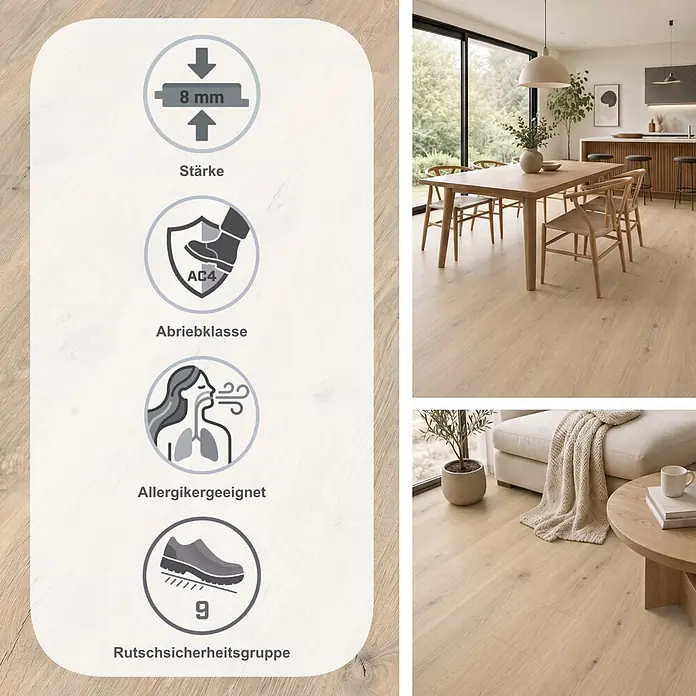 Egger Laminat NatureSense - Murom Eiche, Landhausdiele, 1.292 x 193 x 8 mm - Heller Holzfußboden (8mm, AC4, allergenfreundlich, Rutschsicherheitsgruppe 9) in modernen Ess- und Wohnzimmern mit hervorgehobenen Produkteigenschaften.