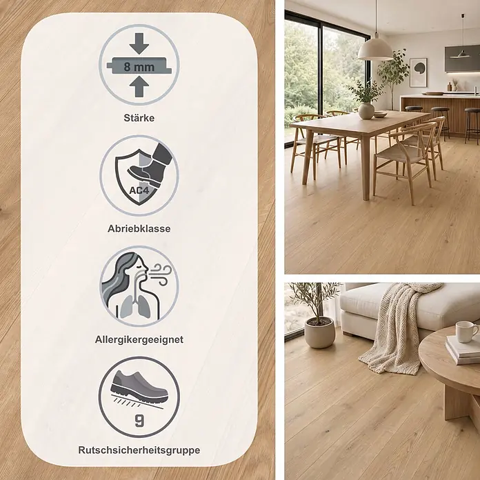 Egger Laminat NatureSense - Ortega Eiche, Landhausdiele, 1.292 x 327 x 8 mm - Heller Holzfußboden in modernen Wohnräumen, ergänzt durch Infografik zu 8mm Stärke und Abriebklasse AC4.
