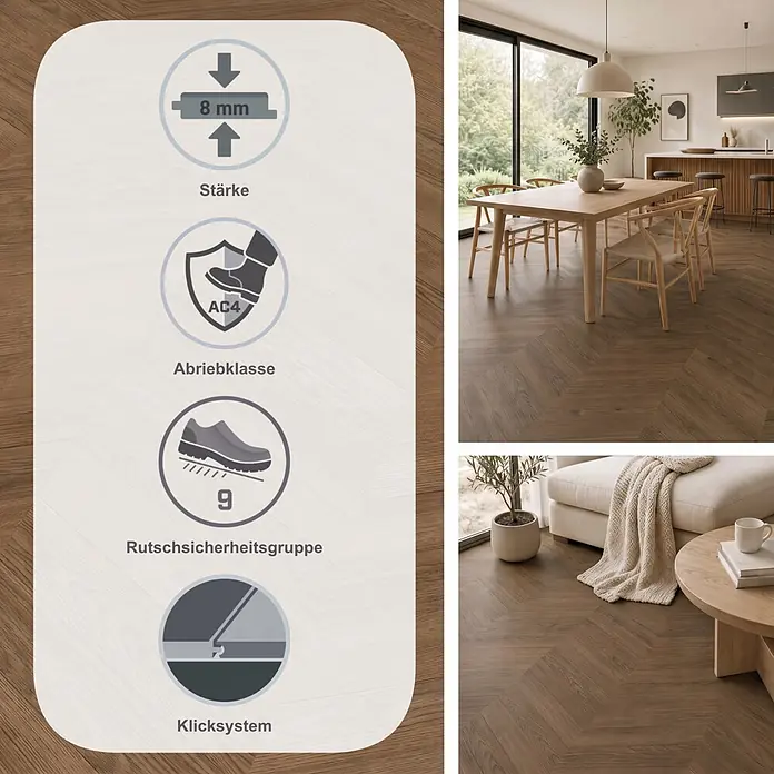 Egger Laminat NatureSense Skanderborg - Skanderborg Eiche braun, 1.292 x 327 x 8 mm - Dunkles Holz-Fischgrät-Laminatboden in modernem Zuhause, mit Merkmalen wie 8 mm Dicke, Abriebklasse AC4, Allergikereignung und Rutschsicherheitsgruppe 9.