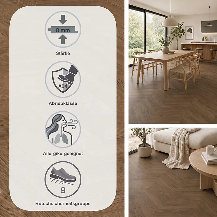 Egger Laminat NatureSense Skanderborg - Skanderborg Eiche braun, 1.292 x 327 x 8 mm - Dunkles Holz-Fischgrät-Laminatboden in modernem Zuhause, mit Merkmalen wie 8 mm Dicke, Abriebklasse AC4, Allergikereignung und Rutschsicherheitsgruppe 9.