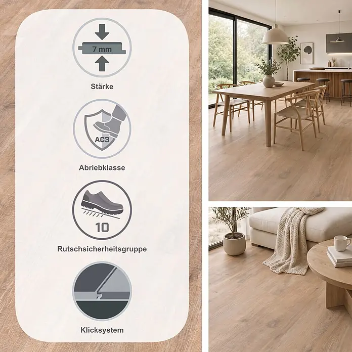 Egger Laminat NatureSense - Woodwork Eiche, Landhausdiele, 1.292 x 193 x 7 mm - Helles Holz-Laminatboden, 7 mm stark, AC3 Abriebklasse, allergikergeeignet und rutschhemmend (Gruppe 10), in einem modernen Zuhause verlegt.