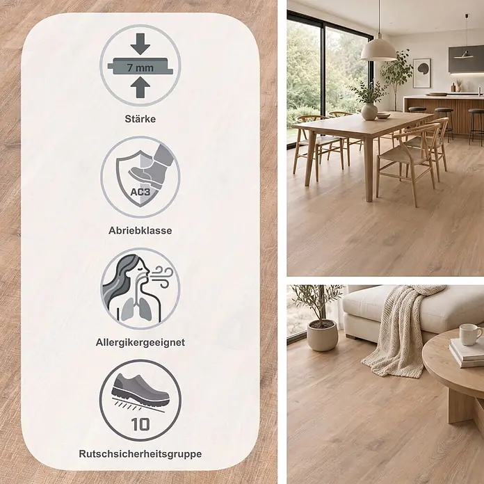 Egger Laminat NatureSense - Woodwork Eiche, Landhausdiele, 1.292 x 193 x 7 mm - Helles Holz-Laminatboden, 7 mm stark, AC3 Abriebklasse, allergikergeeignet und rutschhemmend (Gruppe 10), in einem modernen Zuhause verlegt.