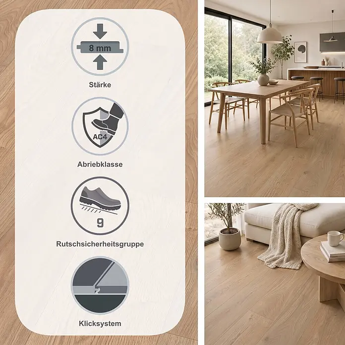 Egger Laminat NatureSense - Conway Eiche natur, Landhausdiele, 1.292 x 246 x 8 mm - Heller Holzoptikboden in modernem Zuhause, mit Merkmalen wie 8 mm Stärke, AC4 Abriebklasse, Allergikereignung und Rutschsicherheit.