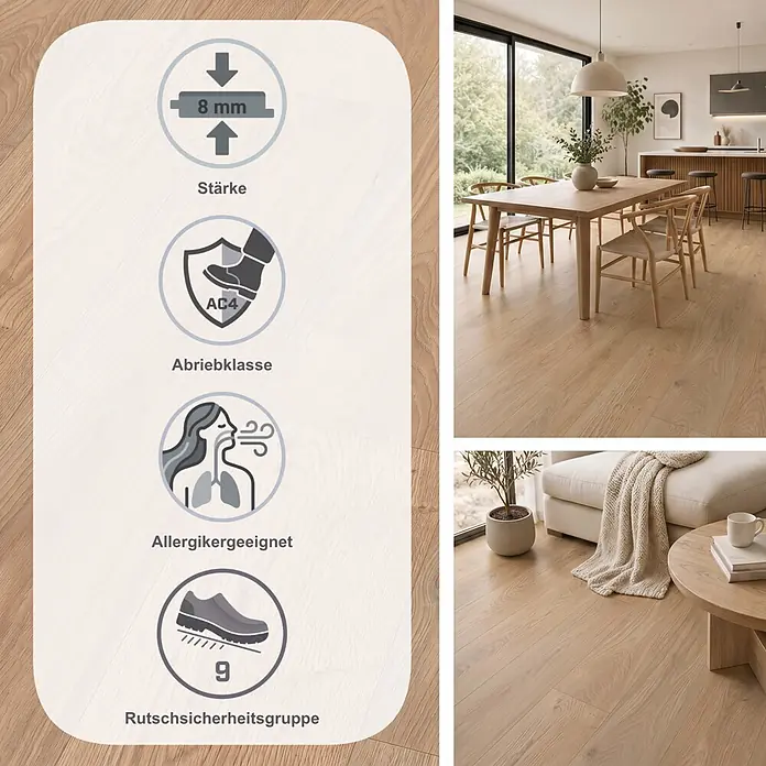 Egger Laminat NatureSense - Conway Eiche natur, Landhausdiele, 1.292 x 246 x 8 mm - Heller Holzoptikboden in modernem Zuhause, mit Merkmalen wie 8 mm Stärke, AC4 Abriebklasse, Allergikereignung und Rutschsicherheit.