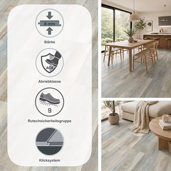 Egger Laminat NatureSense - Abergele Eiche dunkel, Landhausdiele, 1.292 x 193 x 8 mm - Heller Holzboden in Grau-Blau-Tönen für ein modernes Zuhause, zeigt 8mm Stärke, AC4 Abriebklasse, Allergikereignung und Rutschsicherheitsgruppe 9.