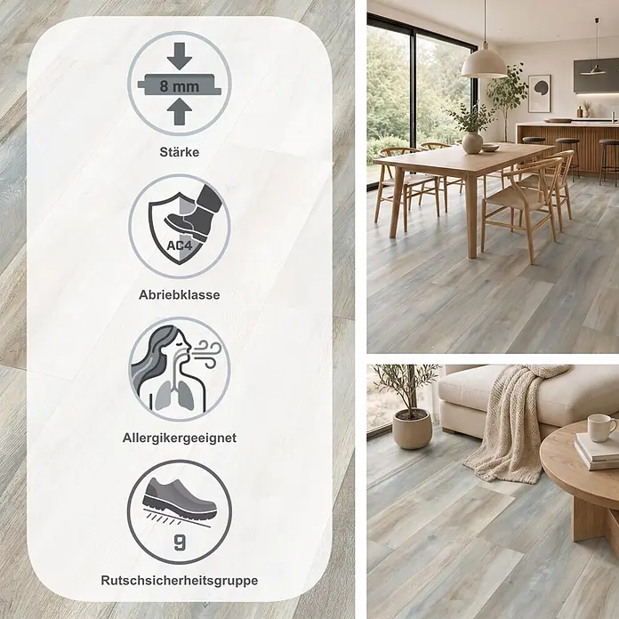 Egger Laminat NatureSense - Abergele Eiche dunkel, Landhausdiele, 1.292 x 193 x 8 mm - Heller Holzboden in Grau-Blau-Tönen für ein modernes Zuhause, zeigt 8mm Stärke, AC4 Abriebklasse, Allergikereignung und Rutschsicherheitsgruppe 9.