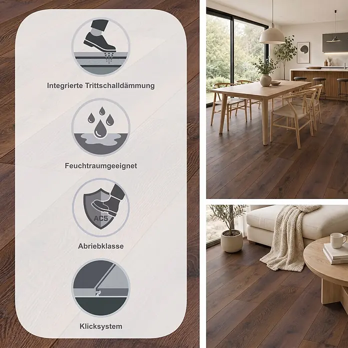 Krono Original Laminat Organic Clever Silent - Bourbon Hills Oak, Landhausdiele, 1.288 x 195 x 7 mm - Dunkelbrauner Holzoptikboden in modernen Räumen, mit Funktionen wie Trittschalldämmung, Feuchtraumeignung, Abriebklasse AC5 und Klicksystem.