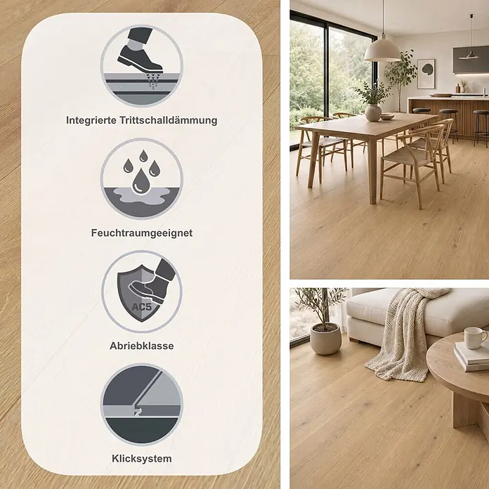 Krono Original Laminat Organic Clever Long Silent - Farrow Montreux Oak, Landhausdiele, 2.003 x 245 x 7 mm - Heller Laminatboden in modernen Räumen gezeigt, mit Icons für Trittschalldämmung, Feuchtraumeignung, Abriebklasse AC5 und Klicksystem.