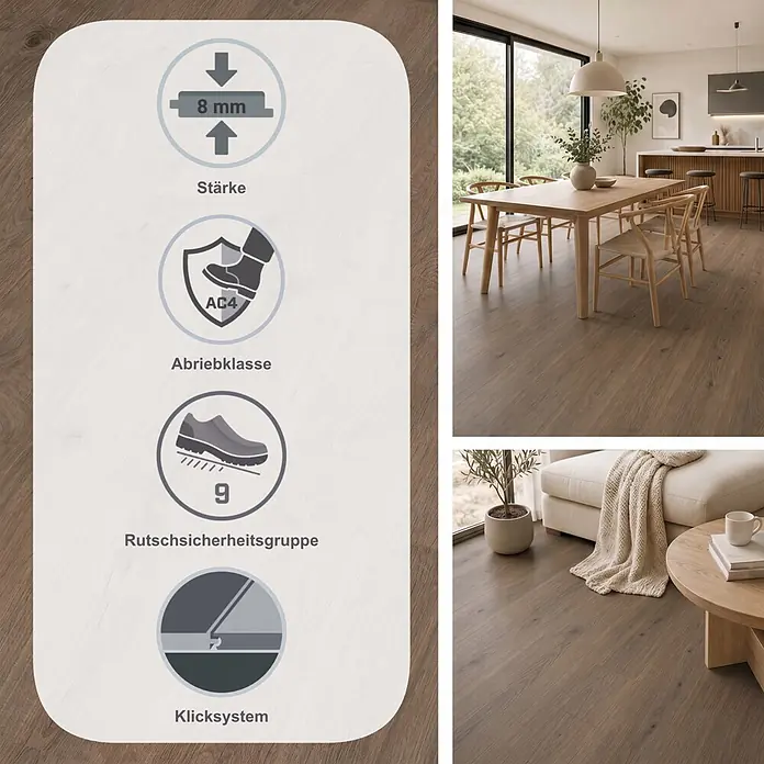 Egger Laminat NatureSense - Murom Eiche natur, Landhausdiele, 1.292 x 193 x 8 mm - Mittelbrauner Laminatboden mit 8 mm Stärke, Abriebklasse AC4, allergikergeeignet und Rutschsicherheitsgruppe 9, in einem modernen Zuhause gezeigt.