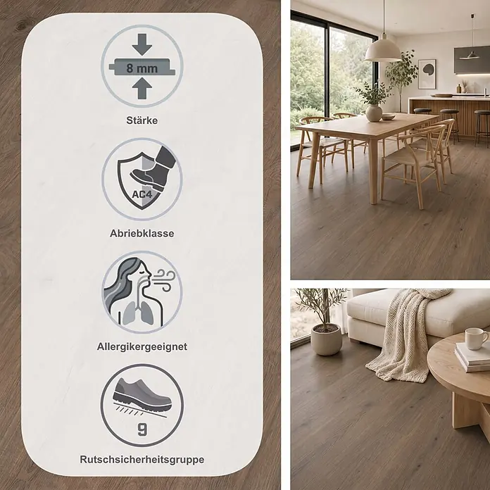 Egger Laminat NatureSense - Murom Eiche natur, Landhausdiele, 1.292 x 193 x 8 mm - Mittelbrauner Laminatboden mit 8 mm Stärke, Abriebklasse AC4, allergikergeeignet und Rutschsicherheitsgruppe 9, in einem modernen Zuhause gezeigt.