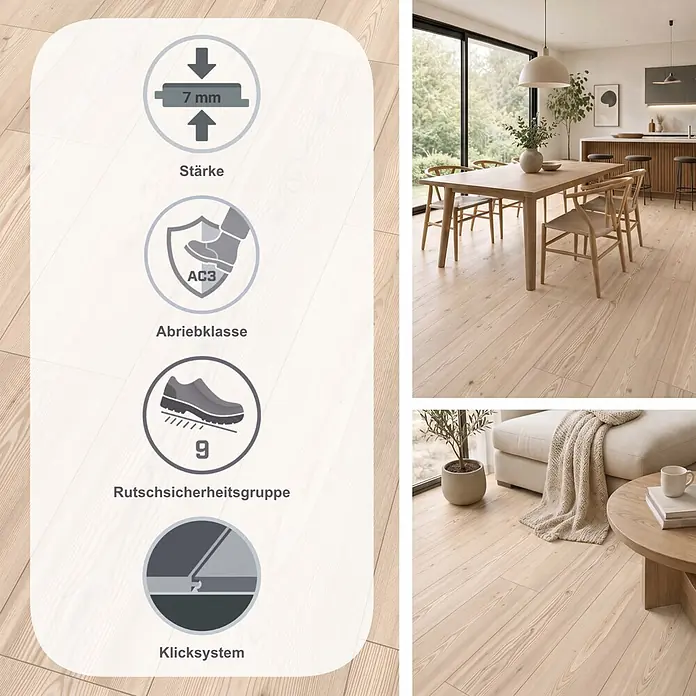 Egger Laminat NatureSense - Alexandria Pinie, Landhausdiele, 1.292 x 193 x 7 mm - Helles Holzlaminat mit Icons, die seine 7mm Stärke, Abriebklasse AC3, Allergikerfreundlichkeit und Rutschfestigkeit hervorheben, in Wohnräumen gezeigt.