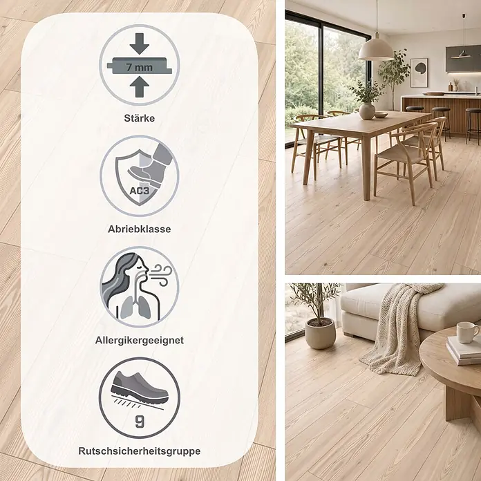 Egger Laminat NatureSense - Alexandria Pinie, Landhausdiele, 1.292 x 193 x 7 mm - Helles Holzlaminat mit Icons, die seine 7mm Stärke, Abriebklasse AC3, Allergikerfreundlichkeit und Rutschfestigkeit hervorheben, in Wohnräumen gezeigt.