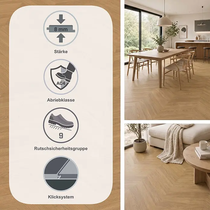 Egger Laminat NatureSense Skanderborg - Skanderborg Eiche honig, 1.292 x 327 x 8 mm - Holzboden im Fischgrätmuster in modernem Raum, hebt 8mm Stärke, Abriebklasse AC4, Allergikereignung und Rutschfestigkeit hervor.