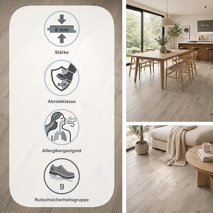 Egger Laminat NatureSense - Loja Eiche creme, Landhausdiele, 1.292 x 246 x 8 mm - Heller Laminatboden in Wohnräumen mit Anzeigen für 8mm Stärke, Abriebklasse AC4, Allergikerfreundlichkeit und Rutschsicherheitsgruppe 9.