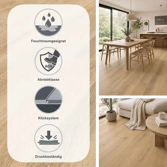 Krono Original Laminat Atlantic 7 - Cashew Montreux Oak, Landhausdiele, 1.288 x 195 x 7 mm - Heller Eichenlaminatboden: feuchtraumgeeignet, Abriebklasse AC4, allergikergeeignet, antibakteriell. Präsentiert in Ess- und Wohnbereichen.