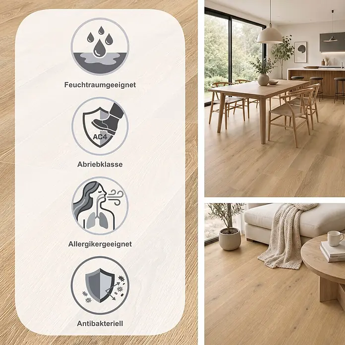Krono Original Laminat Atlantic 7 - Cashew Montreux Oak, Landhausdiele, 1.288 x 195 x 7 mm - Heller Eichenlaminatboden: feuchtraumgeeignet, Abriebklasse AC4, allergikergeeignet, antibakteriell. Präsentiert in Ess- und Wohnbereichen.