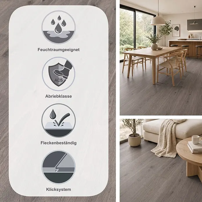 LOGOCLIC Aquaprotect Laminat - Moonlight Oak, Landhausdiele, 1.288 x 195 x 8 mm - Grauer Holzboden in modernen Räumen, mit Piktogrammen für Feuchtraum, Abriebklasse AC5, Allergikerfreundlichkeit und Fleckenbeständigkeit.