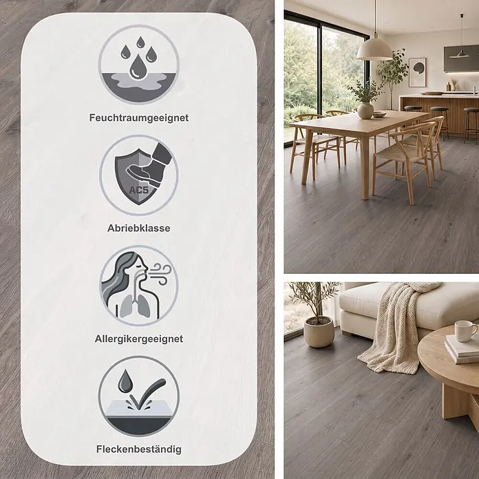 LOGOCLIC Aquaprotect Laminat - Moonlight Oak, Landhausdiele, 1.288 x 195 x 8 mm - Grauer Holzboden in modernen Räumen, mit Piktogrammen für Feuchtraum, Abriebklasse AC5, Allergikerfreundlichkeit und Fleckenbeständigkeit.