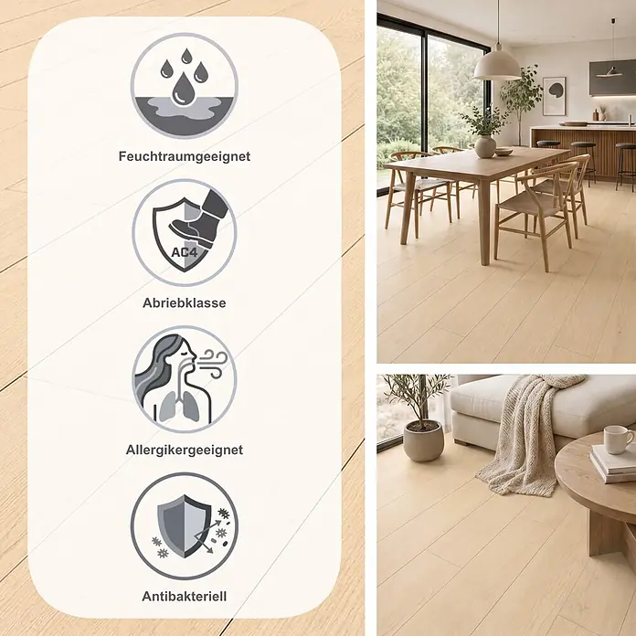 Krono Original Laminat Atlantic 8 - Cream Darcy Oak, Landhausdiele, 1.288 x 195 x 8 mm - Heller Holzboden in modernen Innenräumen, mit Grafiken, die Feuchtraumeignung, Abriebklasse AC4, Allergikerfreundlichkeit und antibakterielle Eigenschaften hervorheben.
